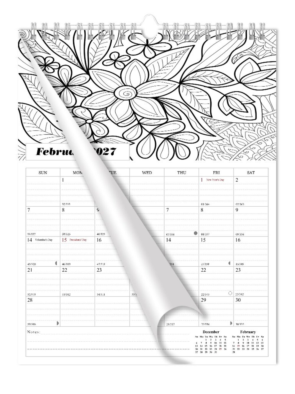 2027 Wall Calendar Spiral-bound Twin-Wire Binding - 12 Months 8.5" x 11" Flowers